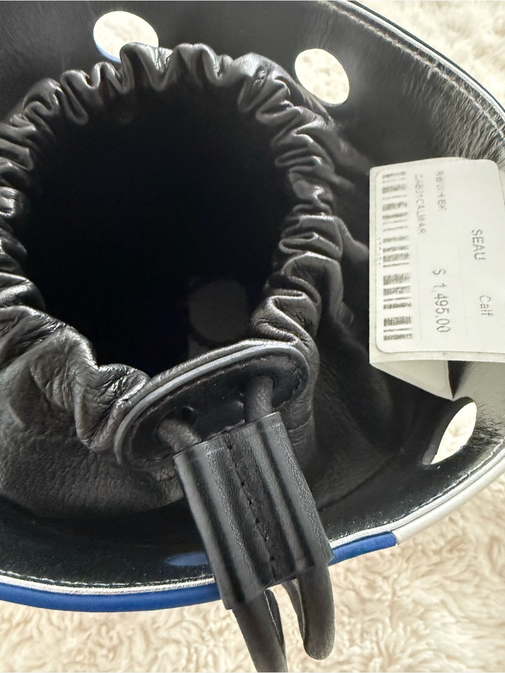 RARE NWT PERRIN LEATHER COLOR BLOCK  BUCKET BAG IN BLUE/BLACK/WHITE - Picture 4 of 7
